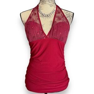 Y2K Burgundy Red Halter Top with Lace Detail Size L